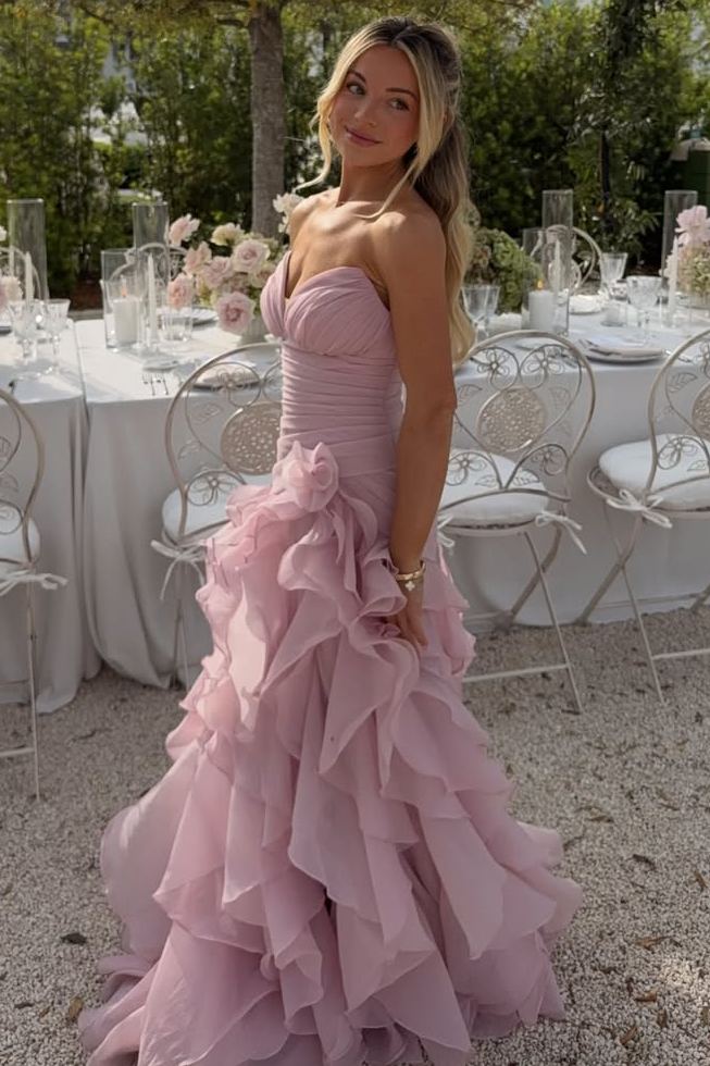 V-Neck Strapless Ruffled Sleeveless A-Line Prom Dress with Slit