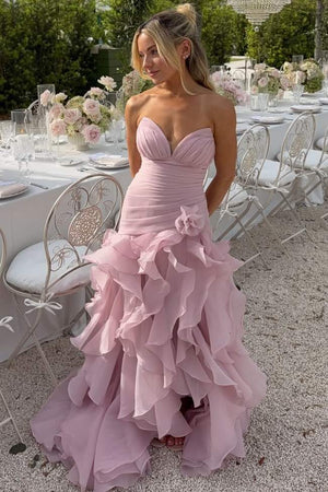 V-Neck Strapless Ruffled Sleeveless A-Line Prom Dress with Slit