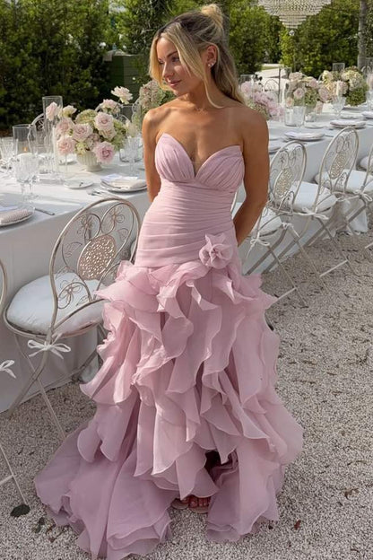 V-Neck Strapless Ruffled Sleeveless A-Line Prom Dress with Slit