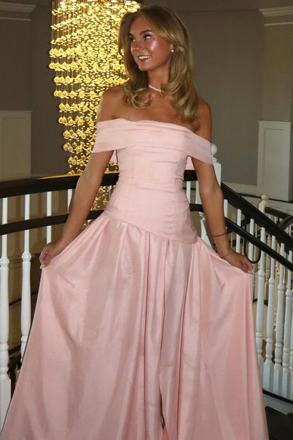 Pink Off-Shoulder A-Line Pleats Empire-Waist Satin Prom Dress