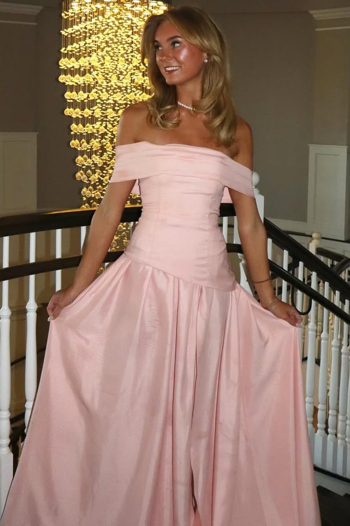 Pink Off-Shoulder A-Line Pleats Empire-Waist Satin Prom Dress