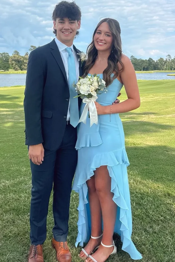 Blue Strapless Sleeveless Ruffles Chiffon Prom Dress with Slit