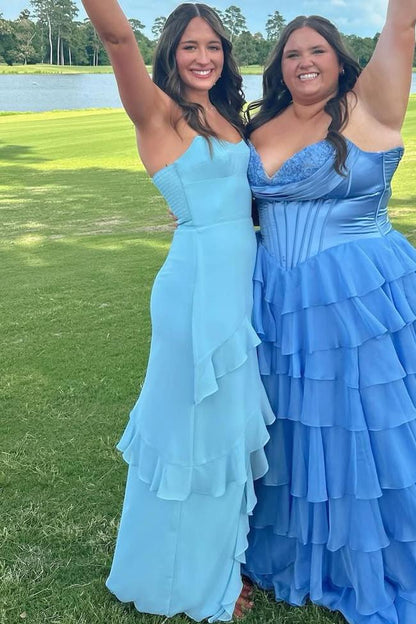Blue Strapless Sleeveless Ruffles Chiffon Prom Dress with Slit