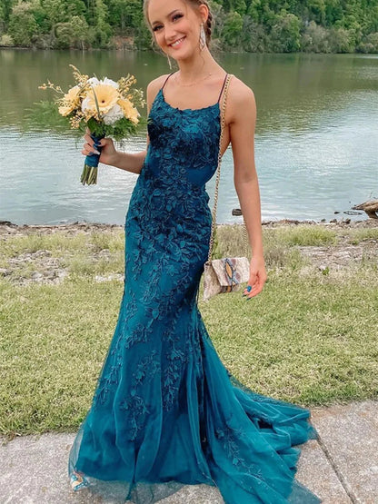 Mermaid Prom Dress Scoop Neck Straps Sleeveless Floor Length Teal Blue Lace Tulle