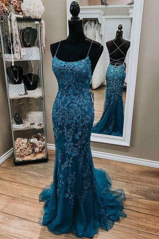 Mermaid Prom Dress Scoop Neck Straps Sleeveless Floor Length Teal Blue Lace Tulle