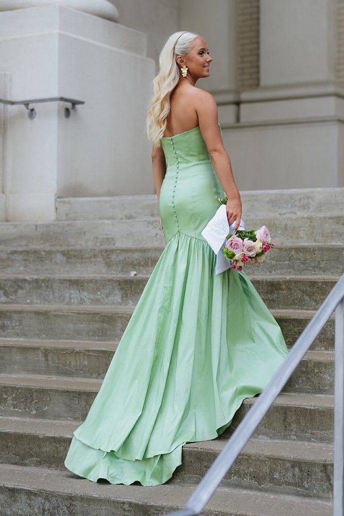 Strapless Sweetheart Mermaid Satin Sleeveless Long Prom Dress Mint