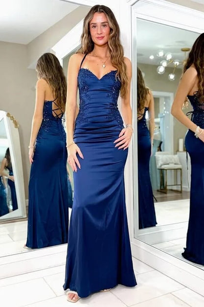 Navy Blue Mermaid Satin Spaghetti Straps Lace Appliques Long Prom Dress