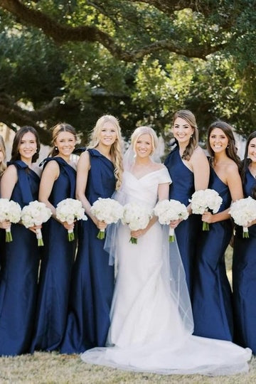 Mermaid Bridesmaid Dress Light Blue Satin One Shoulder Bow Strap Floor Length