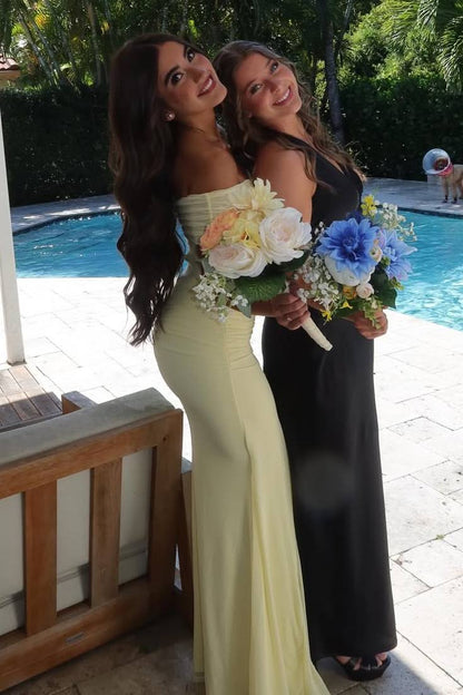 Off-Shoulder Yellow Pleated Mermaid Long Prom Evening Gown