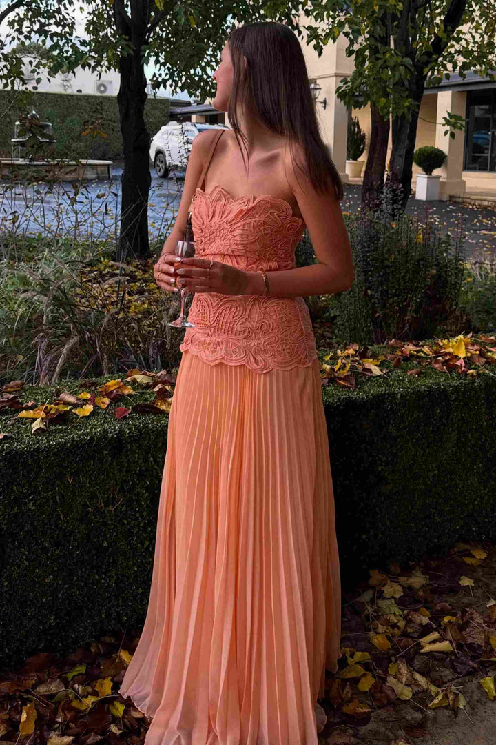 Orange A-Line Strapless Chiffon Pleated Long Prom Dress