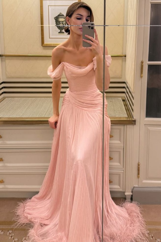 A-Line Off-Shoulder Pleated Chiffon Long Prom Dress with Feathers