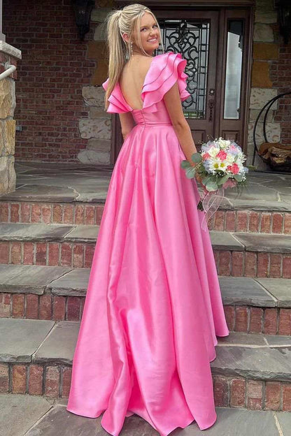 A-Line V-Neck Sleeveless Satin Ruched Long Prom Dress