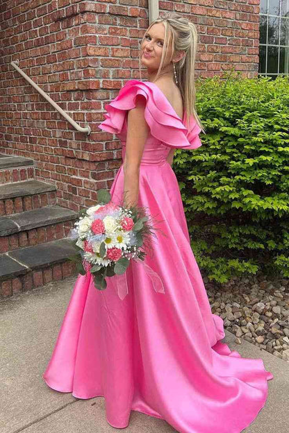 A-Line V-Neck Sleeveless Satin Ruched Long Prom Dress