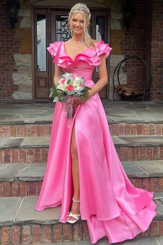 A-Line V-Neck Sleeveless Satin Ruched Long Prom Dress