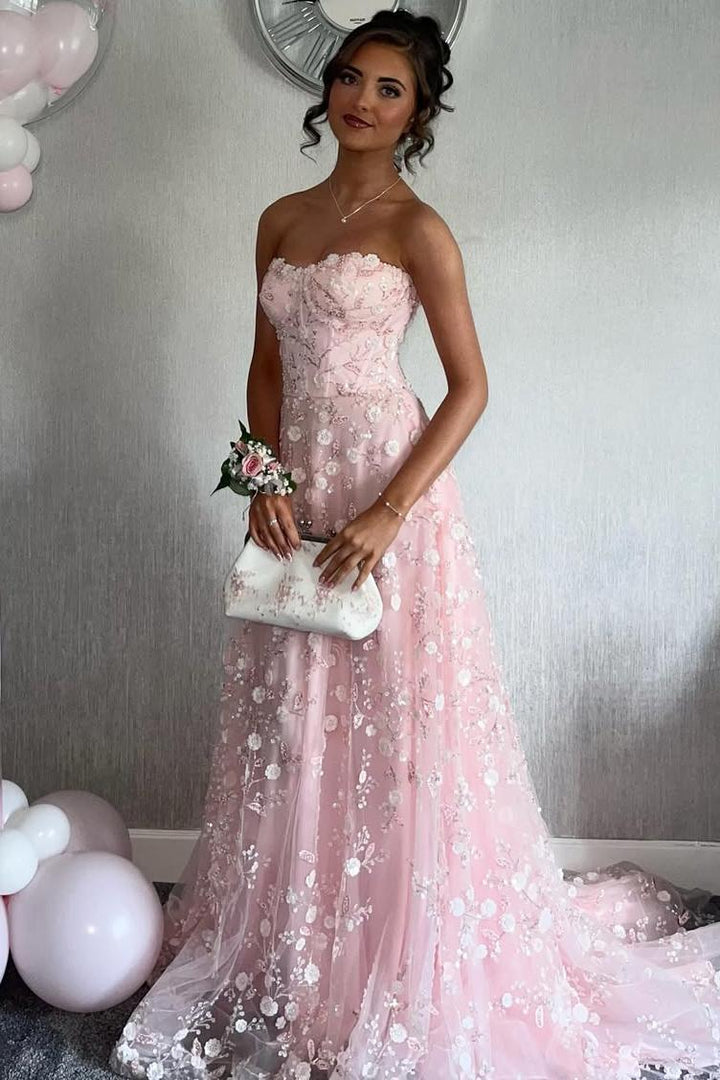 A-Line Strapless Lace Appliqué Tulle Long Prom Dress