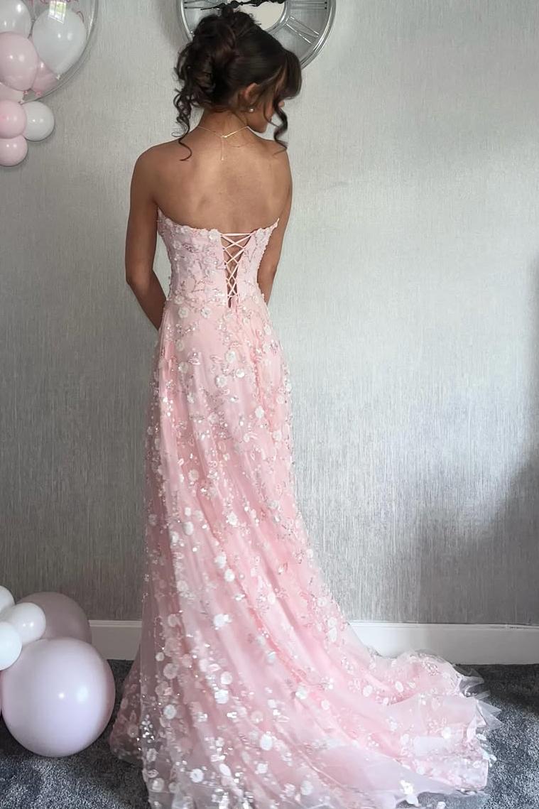 A-Line Strapless Lace Appliqué Tulle Long Prom Dress