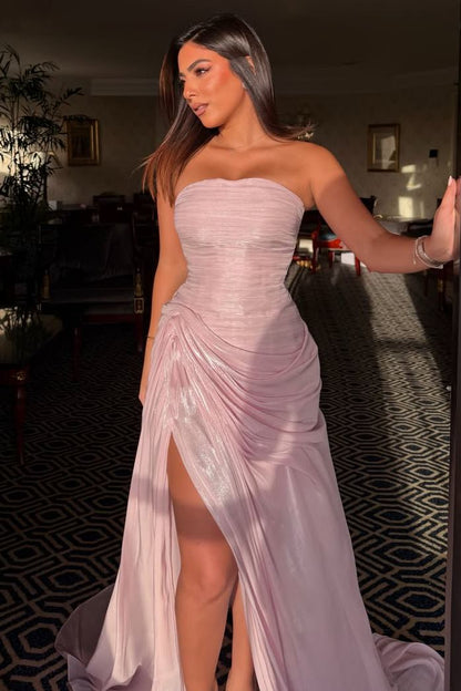 Pink A-Line Strapless Pleated High Slit Sleeveless Long Prom Dress