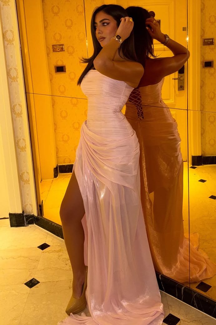 Pink A-Line Strapless Pleated High Slit Sleeveless Long Prom Dress