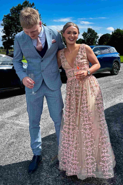 Pink A-Line V-Neck Floral Prom Dress