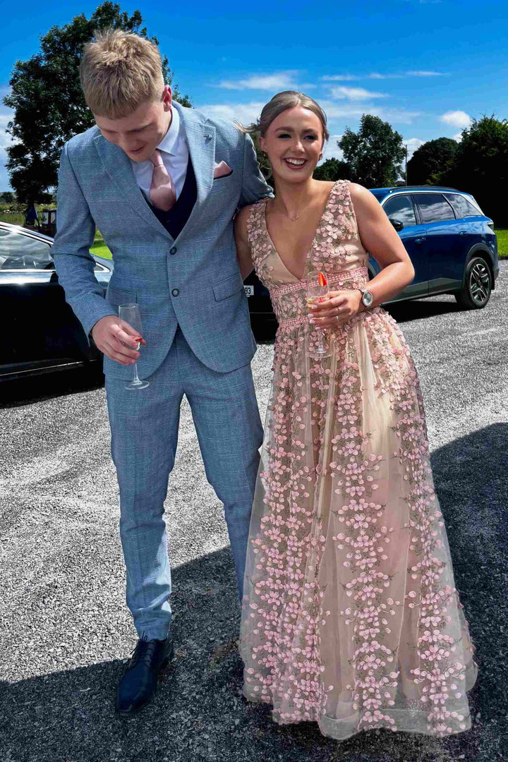 Pink A-Line V-Neck Floral Prom Dress
