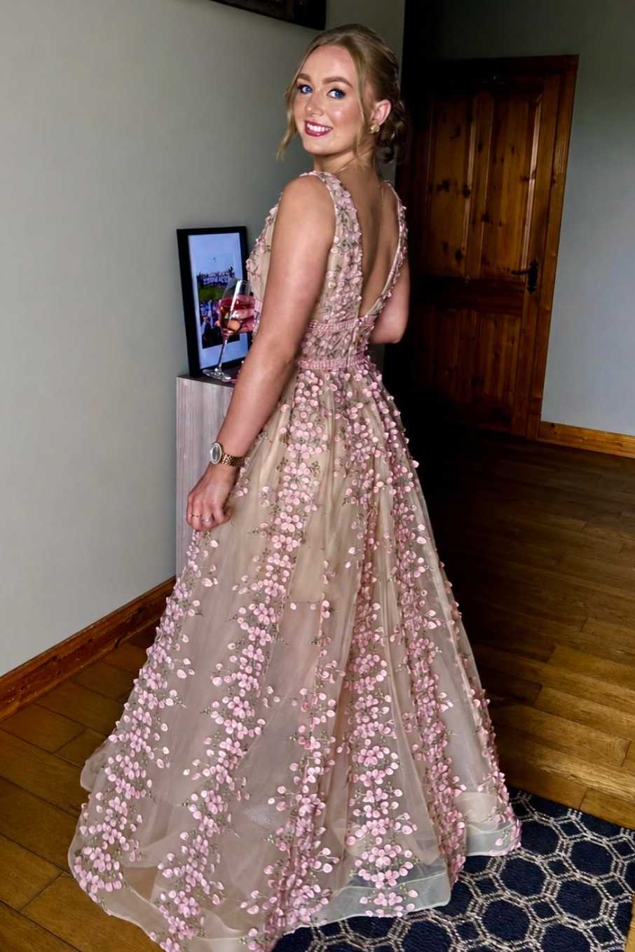 Pink A-Line V-Neck Floral Prom Dress