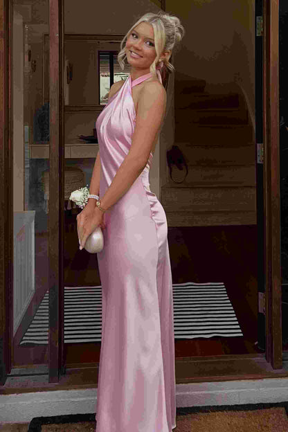 Pink Halter Sleeveless Satin Backless Long Prom Dress
