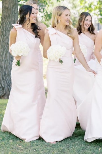 Mermaid Bridesmaid Dress Light Blue Satin One Shoulder Bow Strap Floor Length