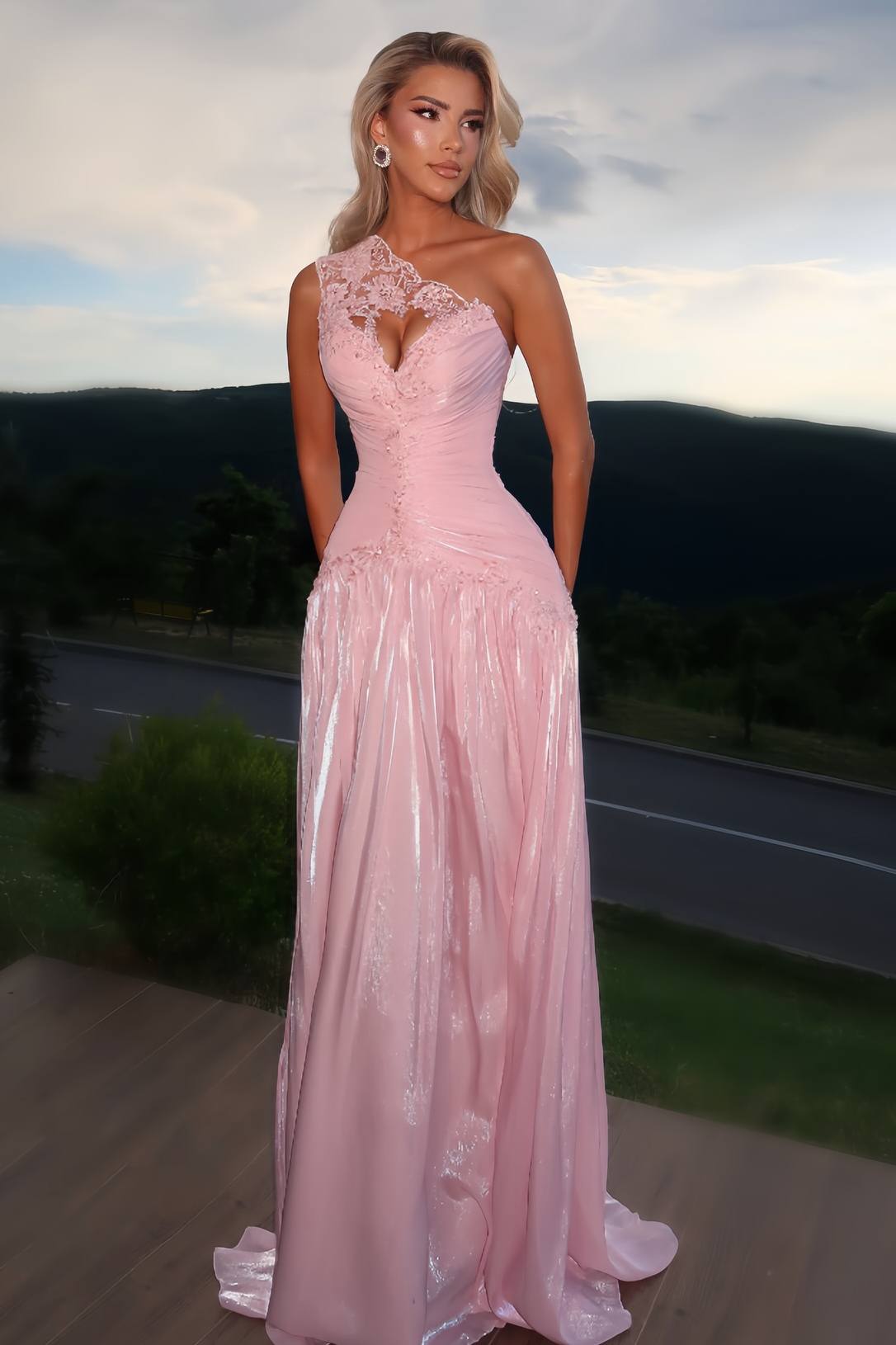 Pink One Shoulder A-Line Pleated Floor-Length Prom Dress