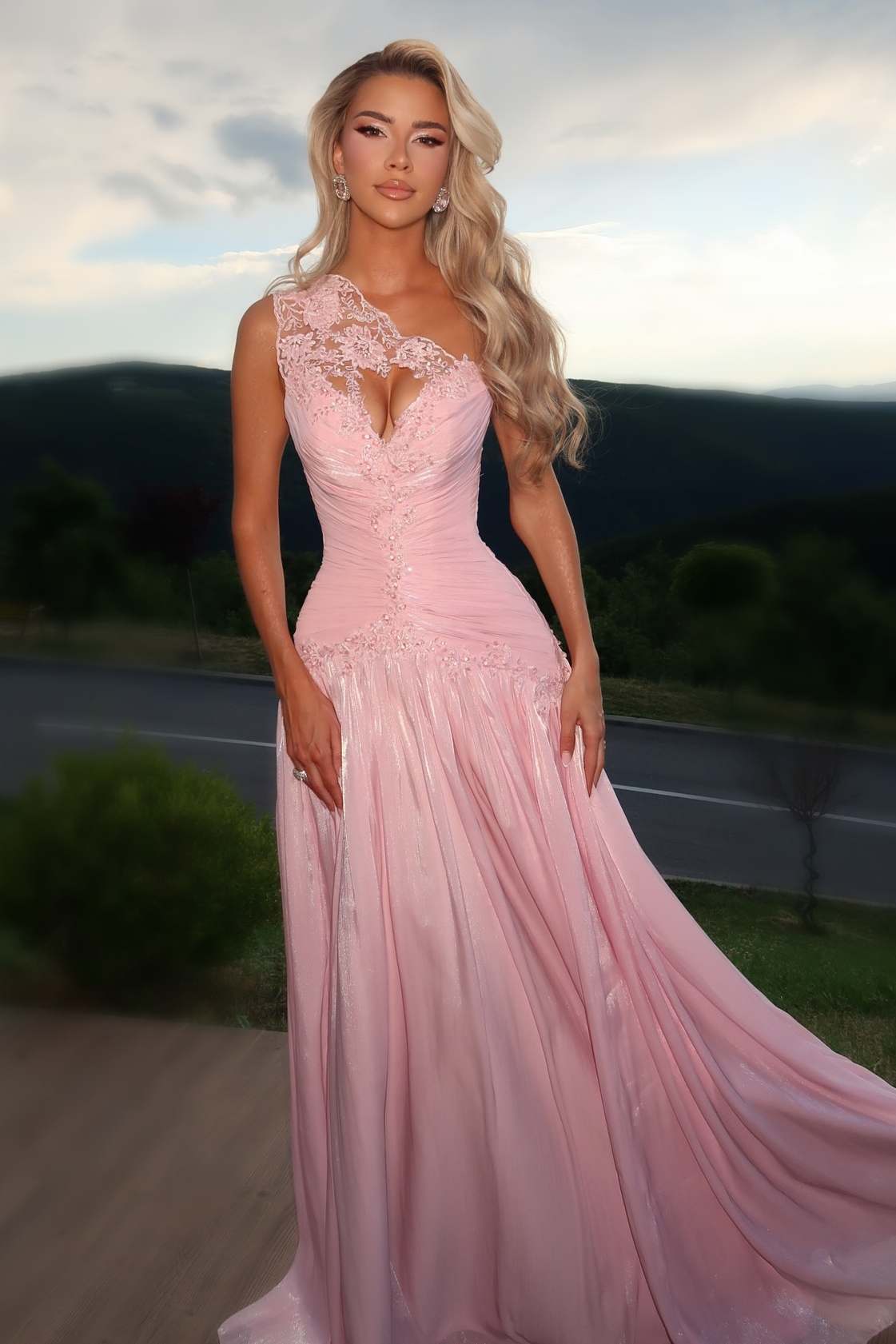 Pink One Shoulder A-Line Pleated Floor-Length Prom Dress