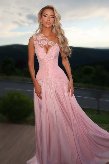 Pink One Shoulder A-Line Pleated Floor-Length Prom Dress