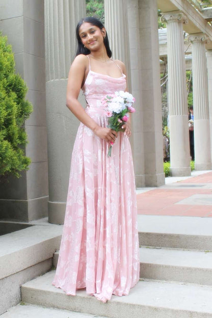 Pink Spaghetti Straps A-Line Sleeveless Long Formal Prom Dress
