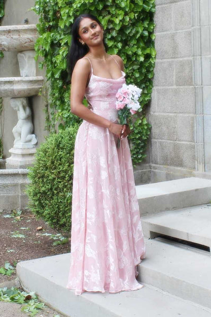 Pink Spaghetti Straps A-Line Sleeveless Long Formal Prom Dress