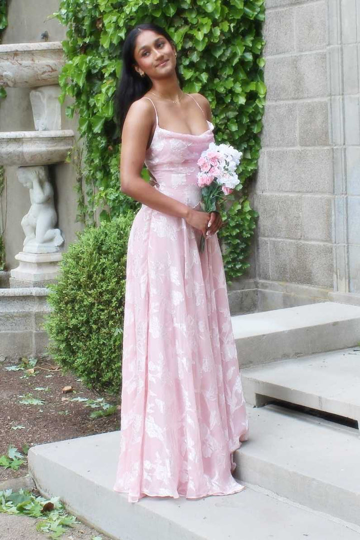 Pink Spaghetti Straps A-Line Sleeveless Long Formal Prom Dress