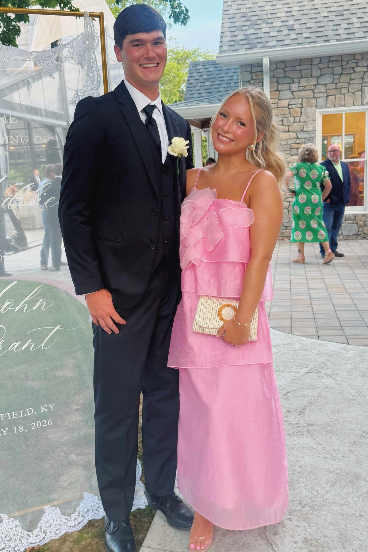 Pink Spaghetti Straps Tiered A-Line Long Prom Formal Dress with Flower