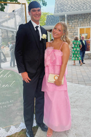 Pink Spaghetti Straps Tiered A-Line Long Prom Formal Dress with Flower