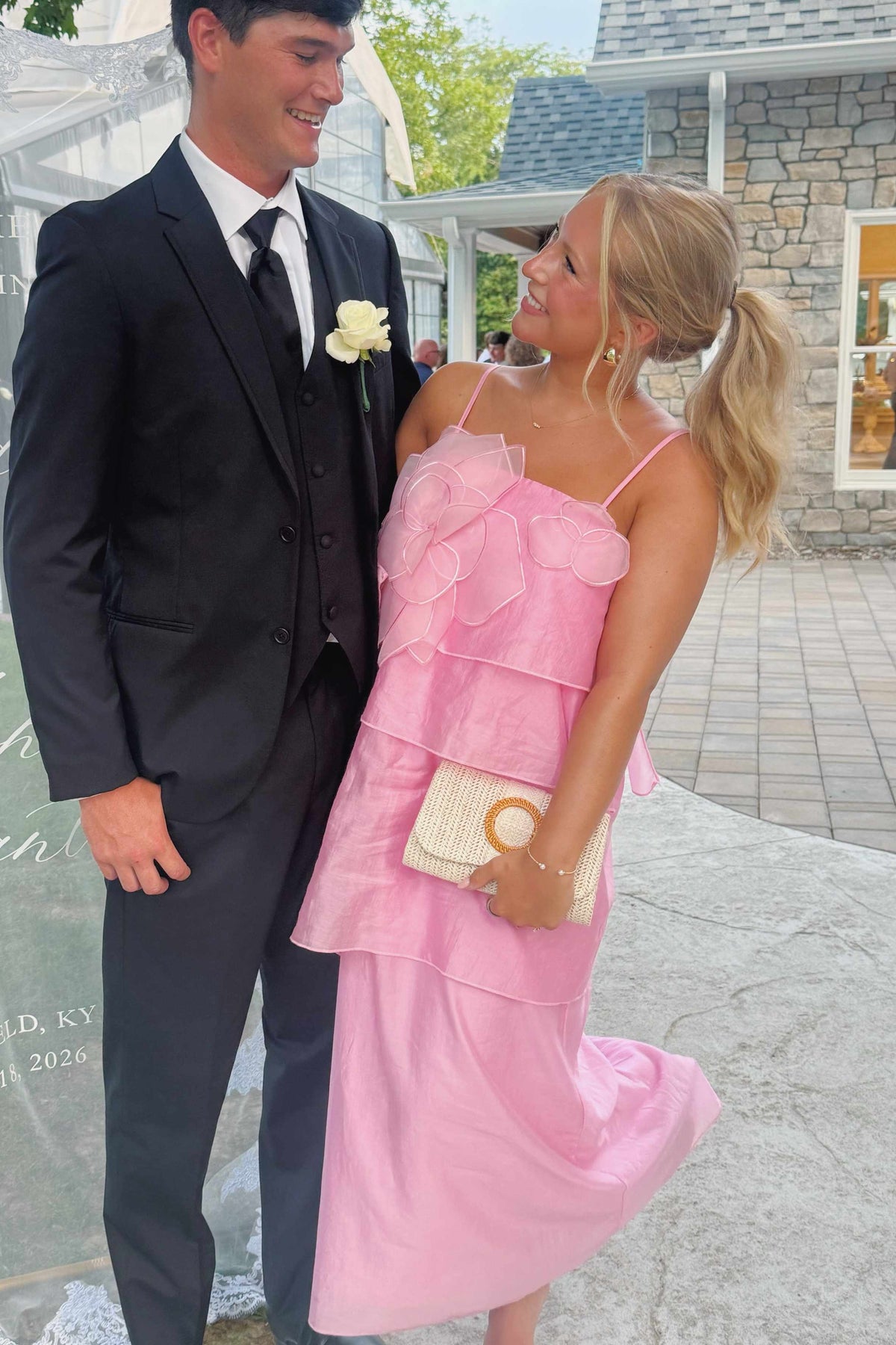 Pink Spaghetti Straps Tiered A-Line Long Prom Formal Dress with Flower