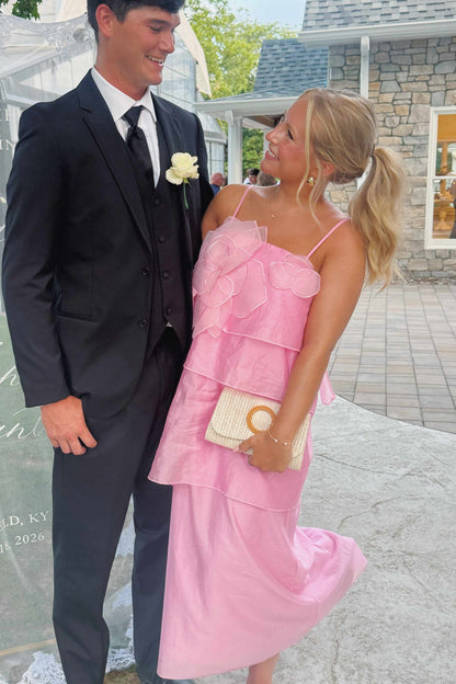 Pink Spaghetti Straps Tiered A-Line Long Prom Formal Dress with Flower