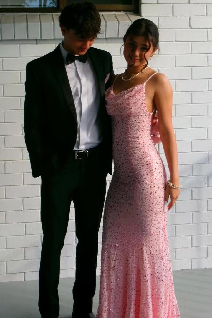 Sparkly Spaghetti Strap Sequined Backless Mermaid Long Prom Dress