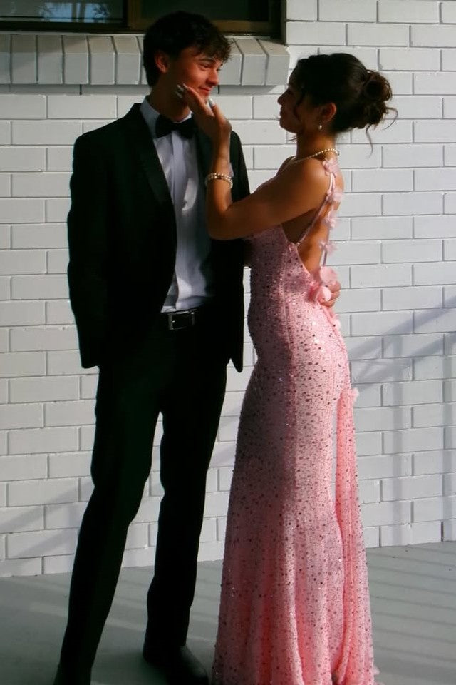 Sparkly Spaghetti Strap Sequined Backless Mermaid Long Prom Dress