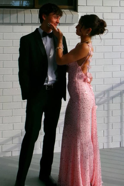 Sparkly Spaghetti Strap Sequined Backless Mermaid Long Prom Dress