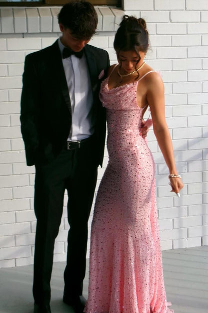 Sparkly Spaghetti Strap Sequined Backless Mermaid Long Prom Dress