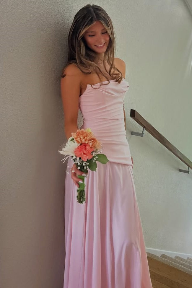 Strapless A-Line Empire-Waist Pleated Sleeveless Long Prom Dress