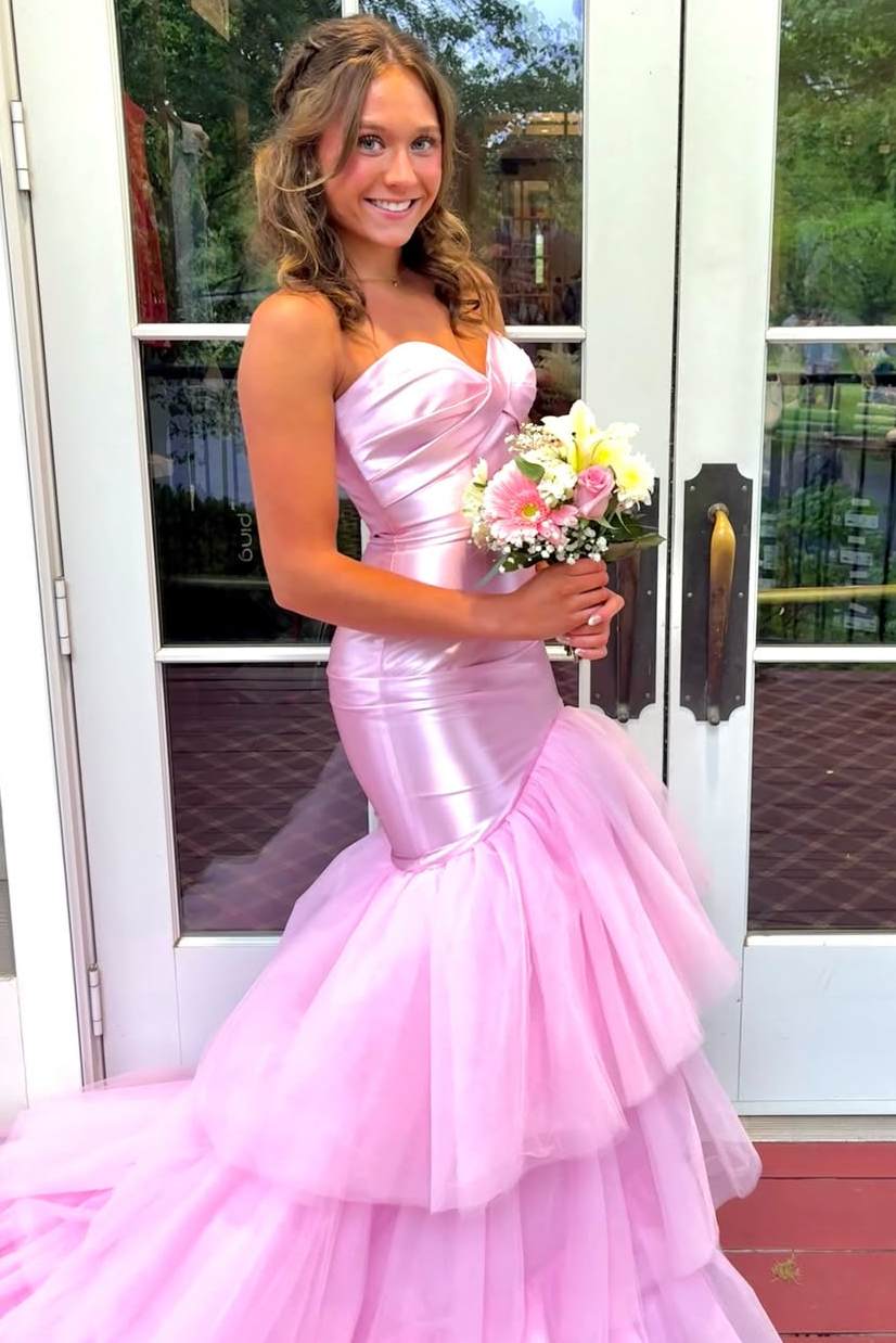 Pink Strapless Sweetheart Tulle Prom Dress with Cascading Ruffles