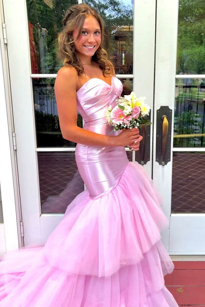Pink Strapless Sweetheart Tulle Prom Dress with Cascading Ruffles