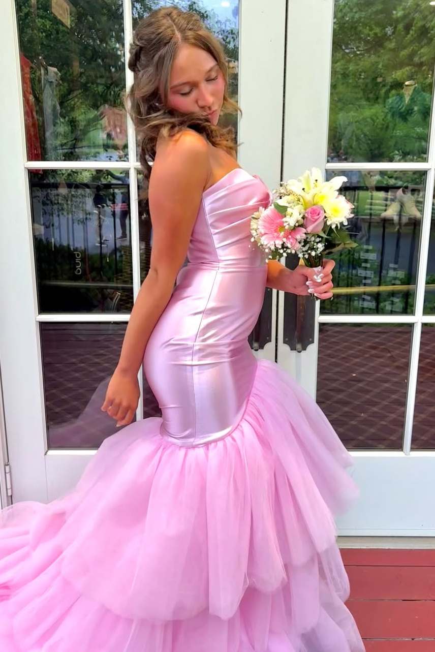 Pink Strapless Sweetheart Tulle Prom Dress with Cascading Ruffles