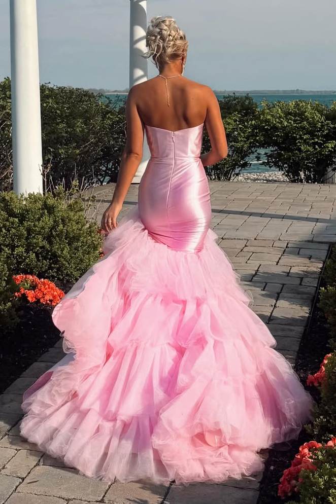 Pink Strapless Sweetheart Tulle Prom Dress with Cascading Ruffles