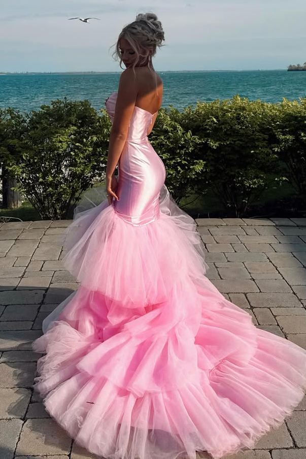 Pink Strapless Sweetheart Tulle Prom Dress with Cascading Ruffles