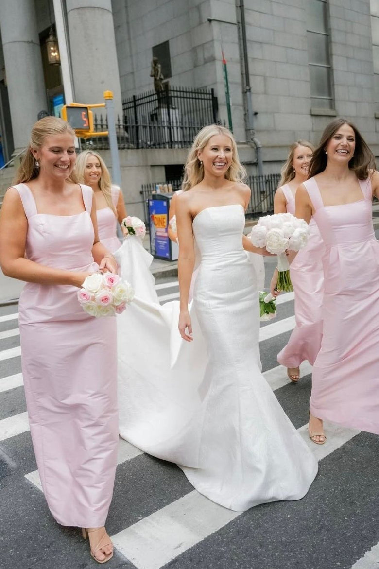Sheath Bridesmaid Dress Straps Square Neck Pink Satin Sleeveless Long Pockets