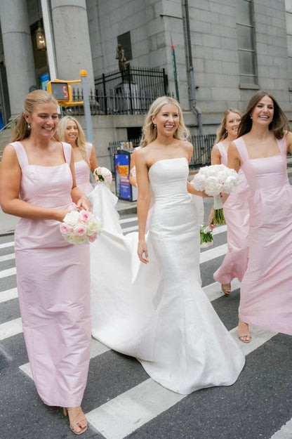 Sheath Bridesmaid Dress Straps Square Neck Pink Satin Sleeveless Long Pockets