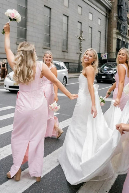 Sheath Bridesmaid Dress Straps Square Neck Pink Satin Sleeveless Long Pockets